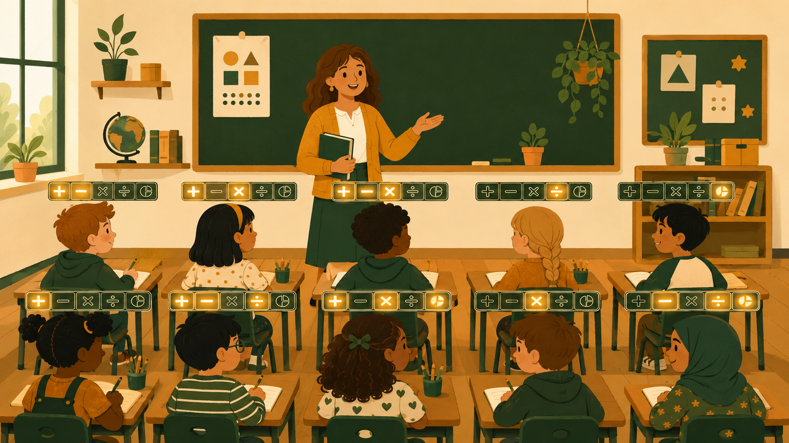 Students in a classroom each with different maths levels shown above their heads
