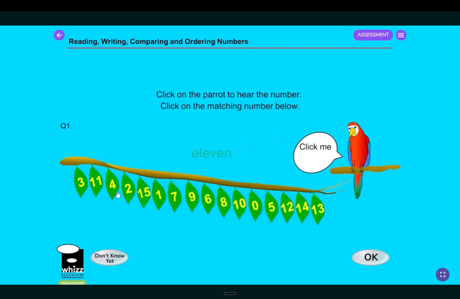 Maths-Whizz adaptive assessment screen showing a pupil being assessed